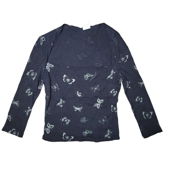 Jalate glitter black silver butterfly long sleev shirt with queen ann neckline M - Picture 2 of 4